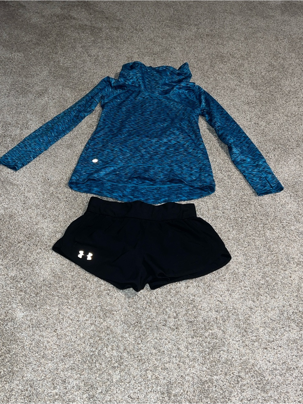 Under Armour Black Shorts and Athleta  Patterned Long Sleeve Hoodie w